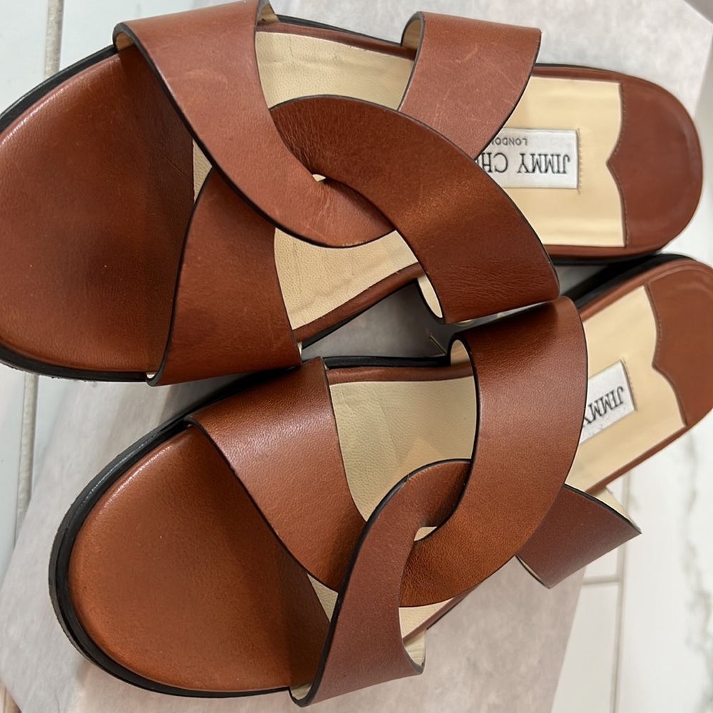 Jimmy Choo Brown Leather Slide Sandals - Picture 2 of 4